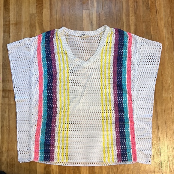 Roxy Open Knit Mesh Lace Multicolor Rainbow Poncho Cape Boho Crochet Coverup S - Picture 8 of 11